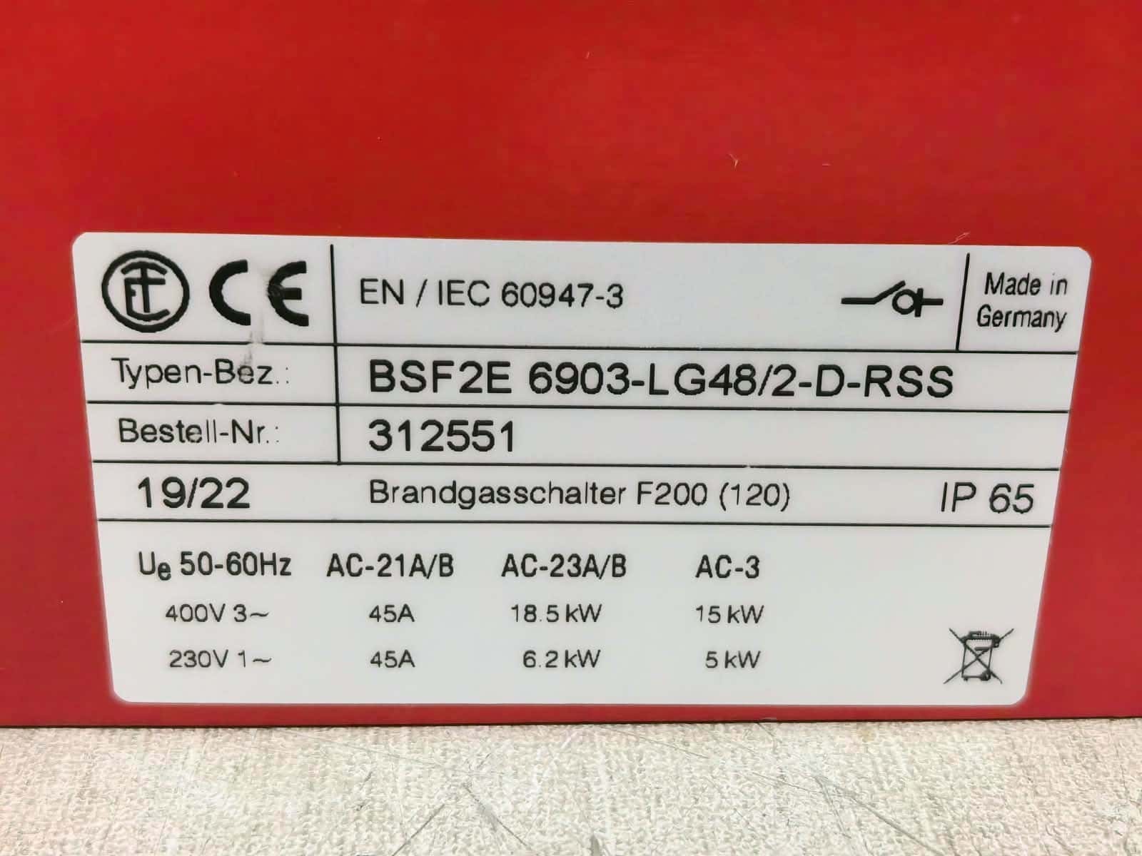 ELEKTRA TAILFINGEN BSF2E 6903-LG48/2-D-RSS 312551 ELEKTRA TAILFINGEN BSF2E 6903-LG48/2-D-RSS 312551 FIRE SWITCH 6
