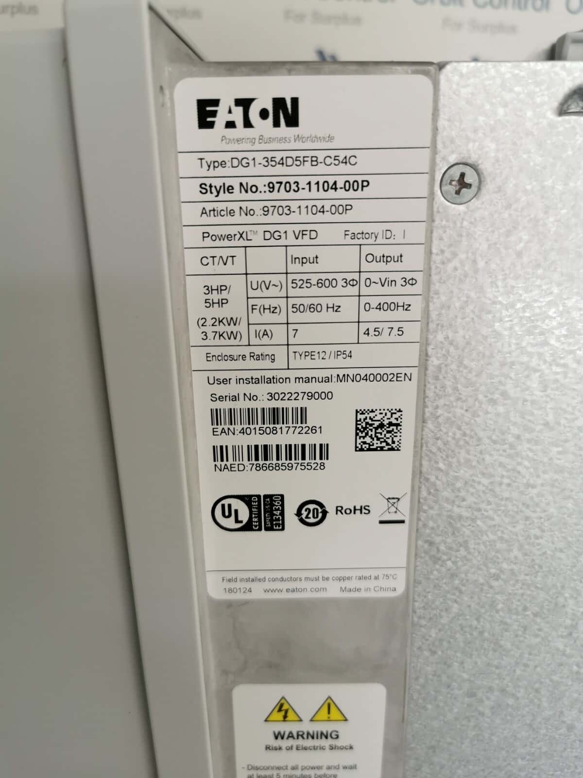 Eaton DG1-354D5FB-C54C DG1-354D5FB-C54C Eaton,PowerXL AC Drives, DG1 VFD Series 3.7KW / 5.0HP 7