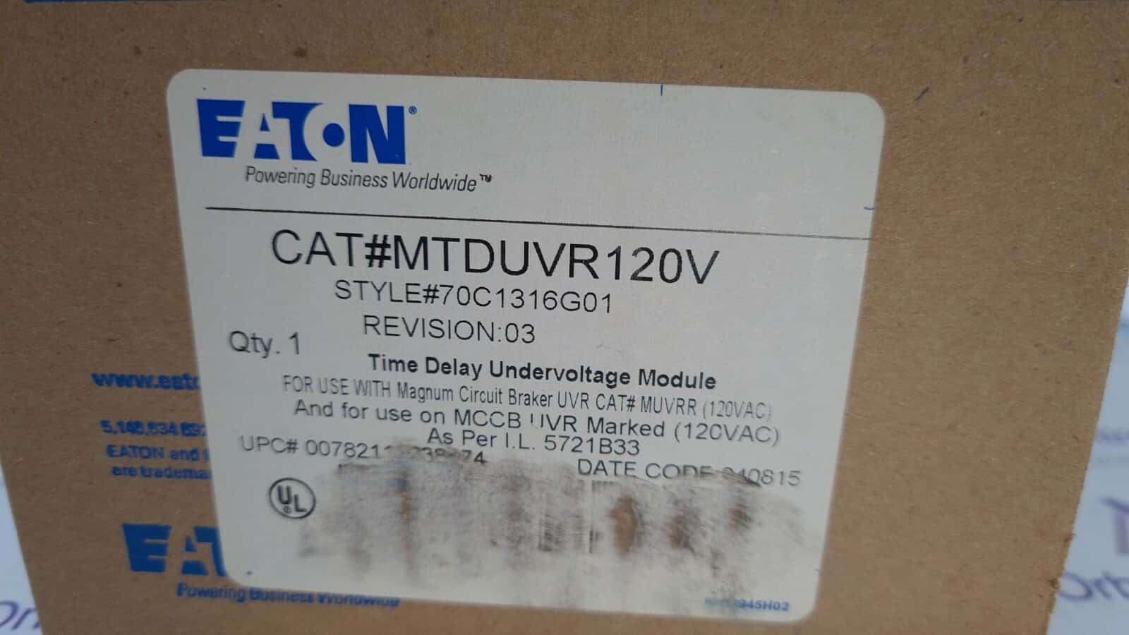Eaton MTDUVR120V EATON CAT# MTDUVR120V Time Delay Undervoltage Module MCCB 70C1316G01 7