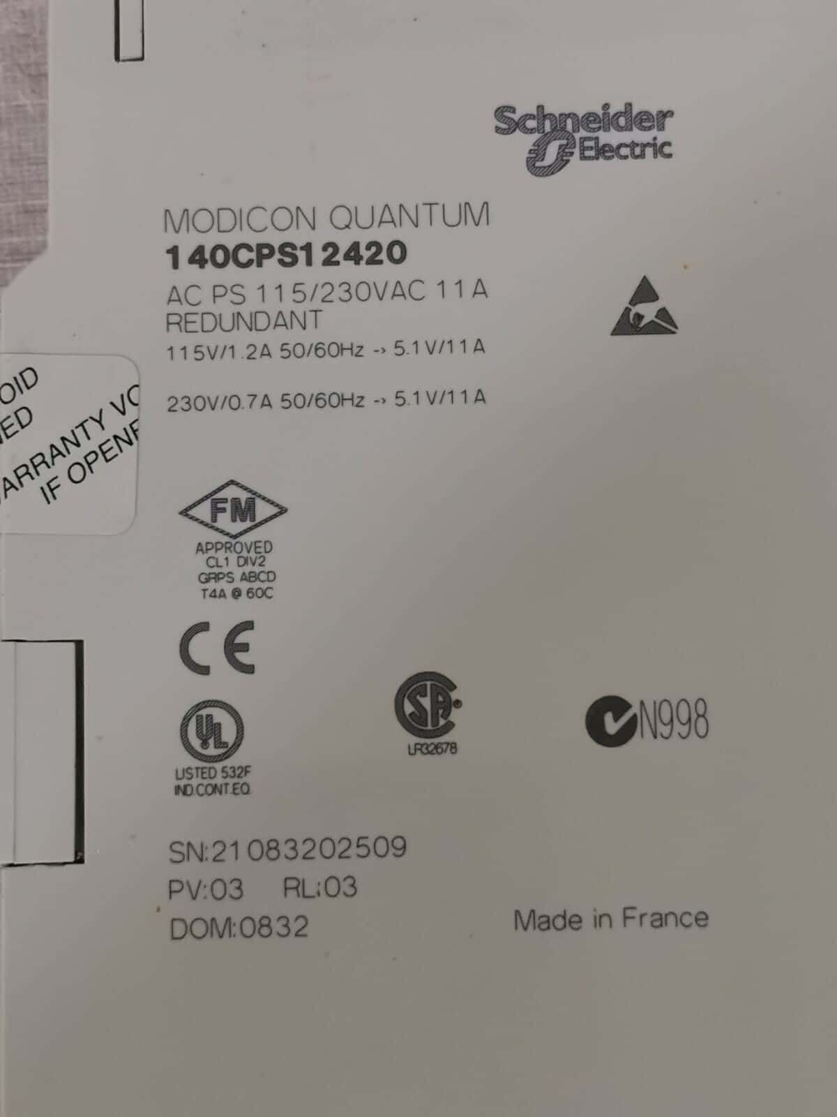 Schneider Electric 140CPS12420 Schneider Electric 140CPS12420 Modicon Quantum AC Power Supply 115/230VAC 11A 2