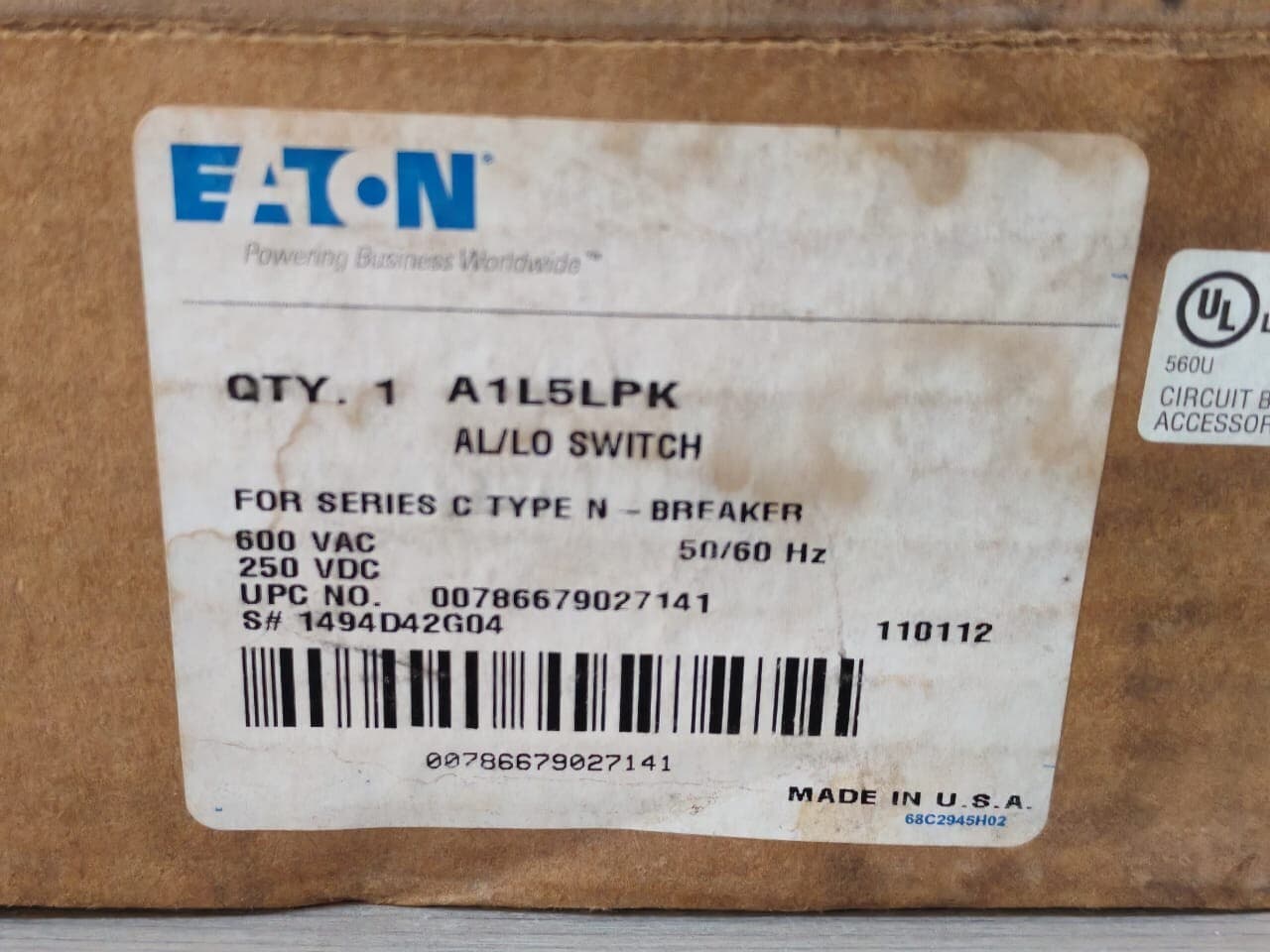 EATON A1L5LPK ALARM LOCKOUT SWITCH FOR SERIES C TYPE N - BREAKER- W/ FILTHY BOX