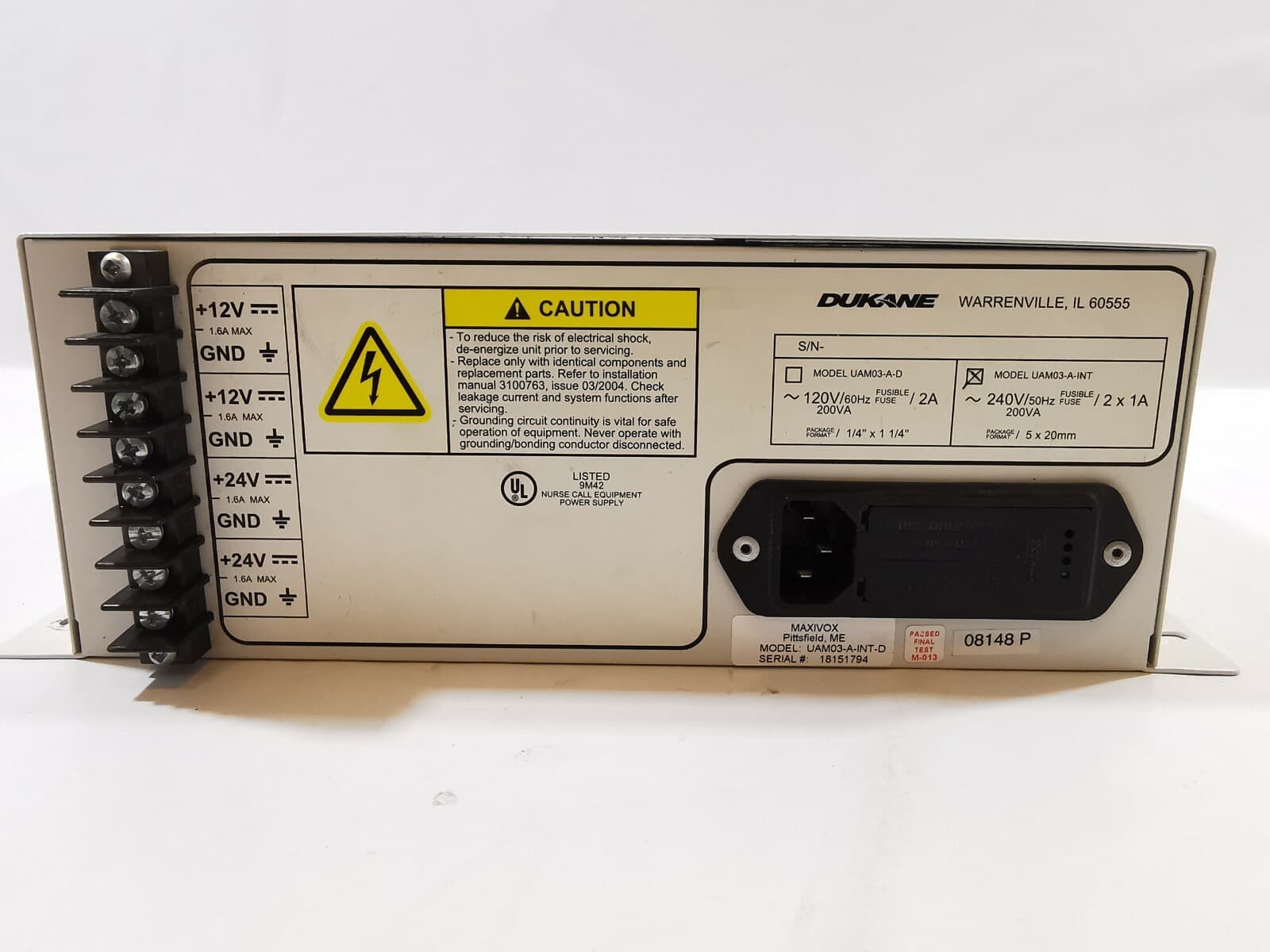 DUKANE UAM03-A-INT 240V/ 50Hz / 2X1A 200VA