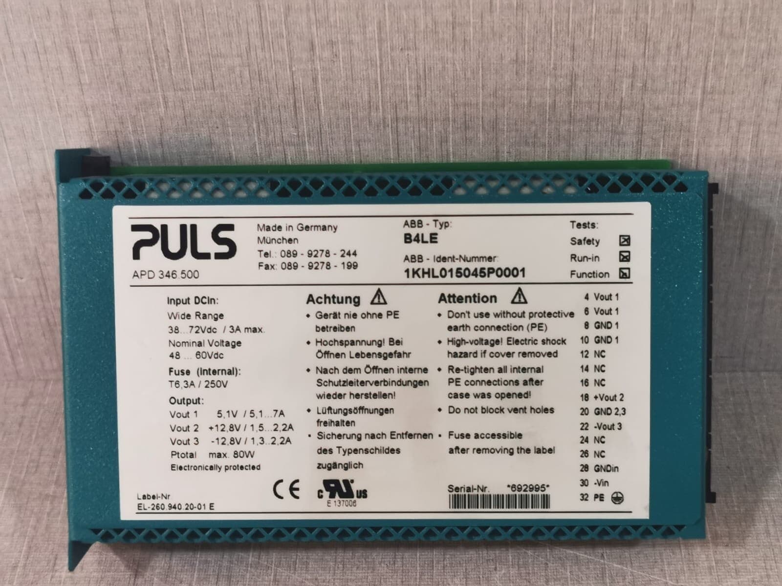 ABB PULS APD346.500 / B4LE 1KHL015045P00010 250V POWER MODULE