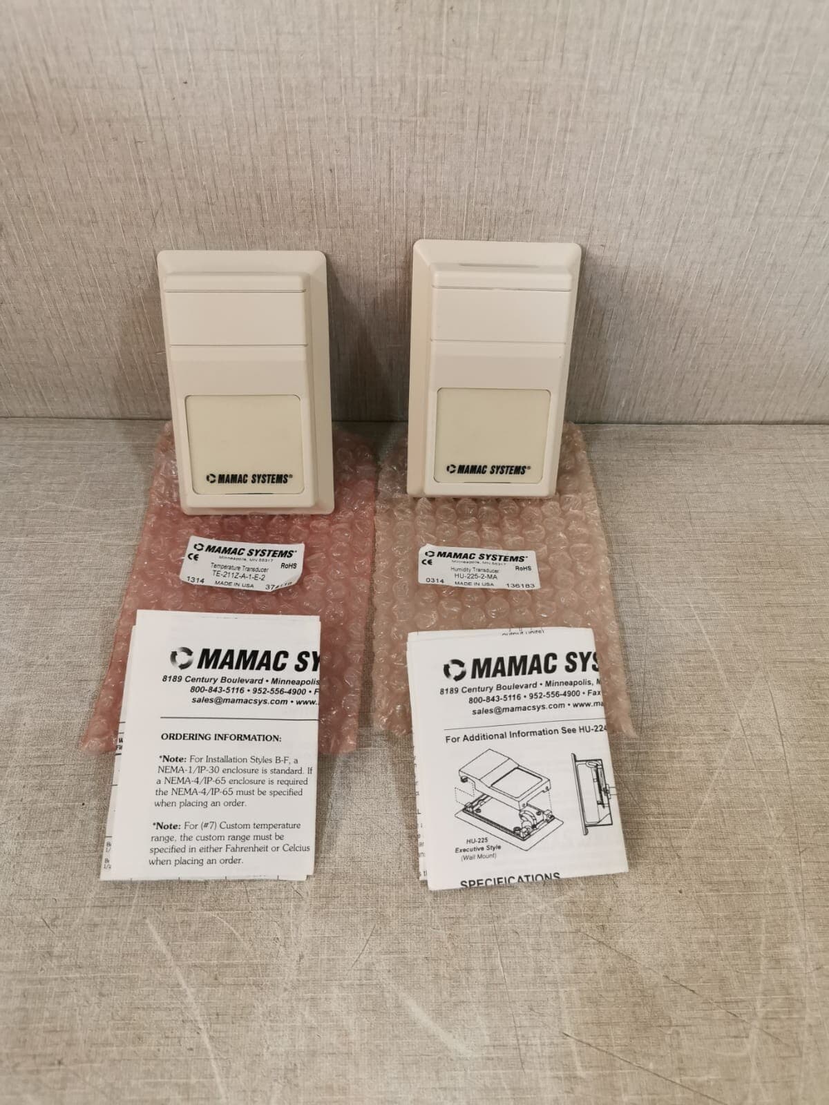 MAMAC SYSTEMS HU-225-2-MA HUMIDITY TRANSDUCER & TE-211Z-A-1-E-2 TEMP. TRANSDUCER