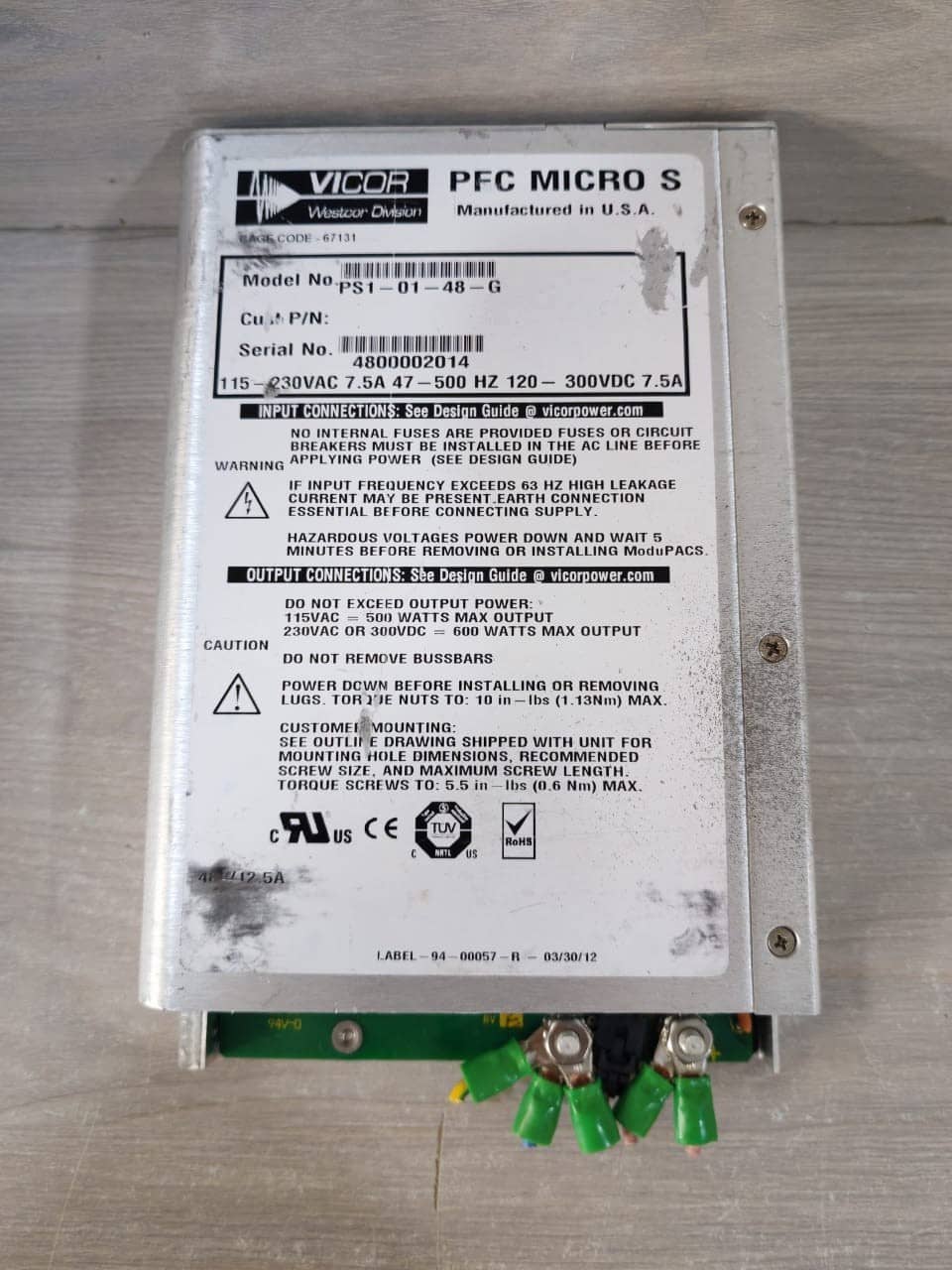VICOR PFC MICRO S PS1-01-48-G 10-130112-12 REV C AC/DC CONVERTER