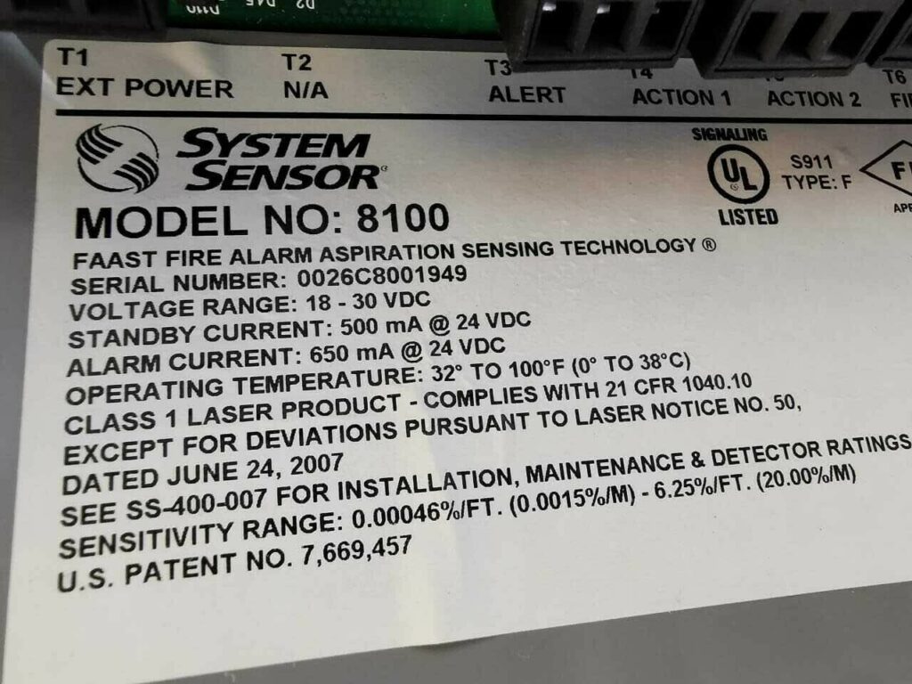 USED SYSTEM SENSOR 8100 FAAST FIRE ALARM ASPIRATION SENSING DETECTOR W ...