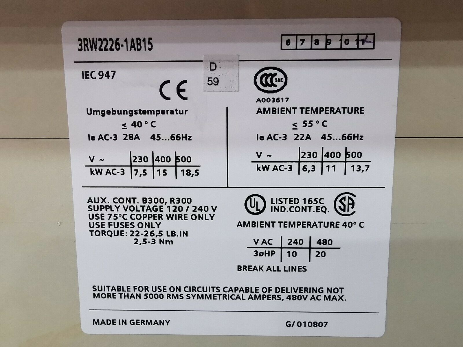 Siemens Sikostart Sanftstarter 3RW2226-1AB15