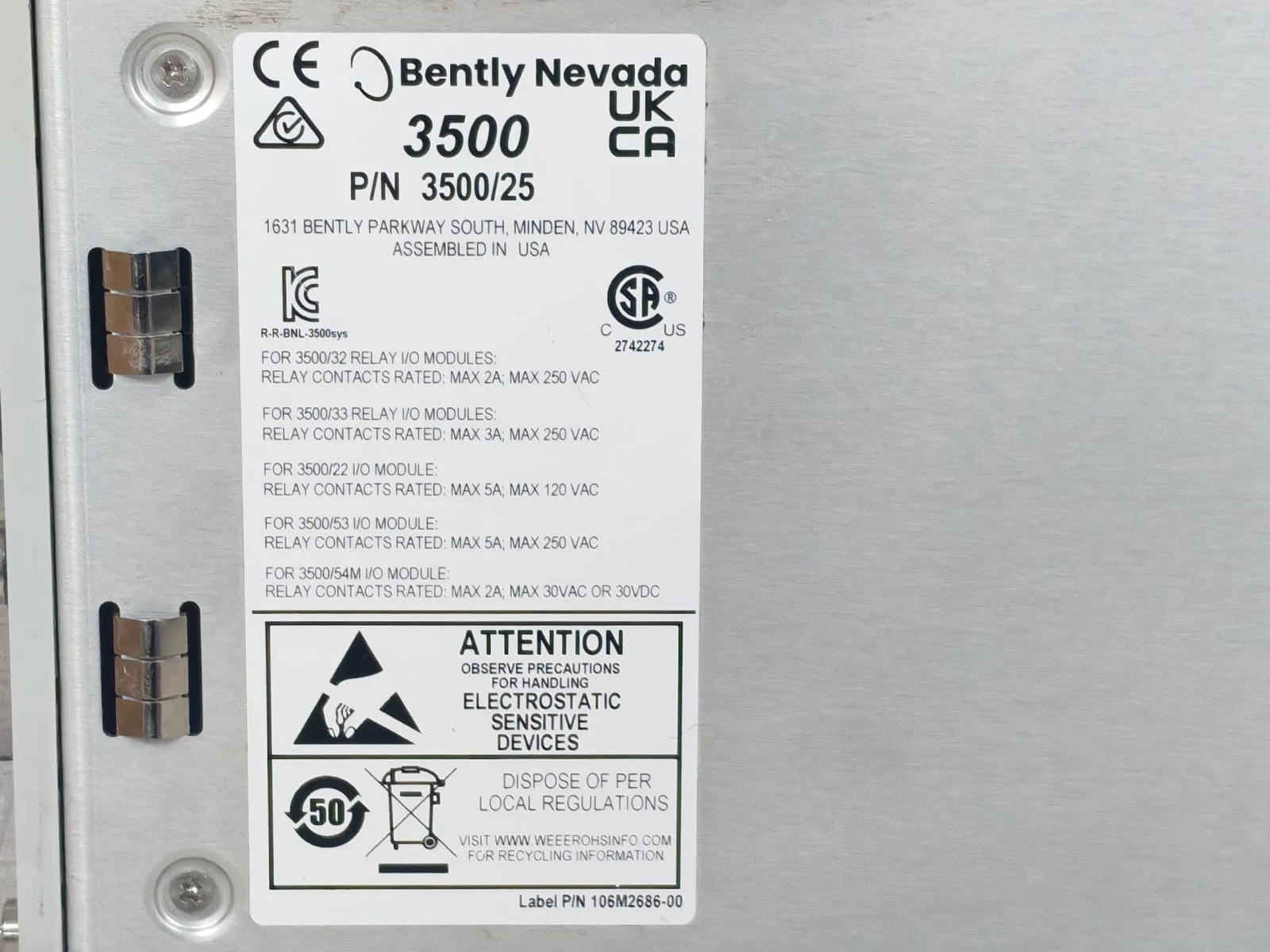 USED Bently Nevada 3500/25 Enhanced Keyphasor Module PWA 184684-01U/ Module 149369-01 - Image 2