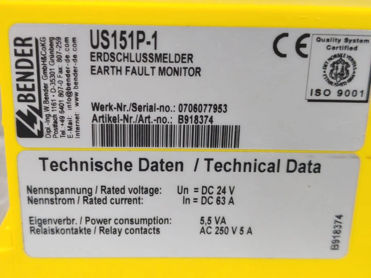 BENDER US151P-1 B918374 EARTH FAULT MONITOR - NEW W/O BOX - Image 3