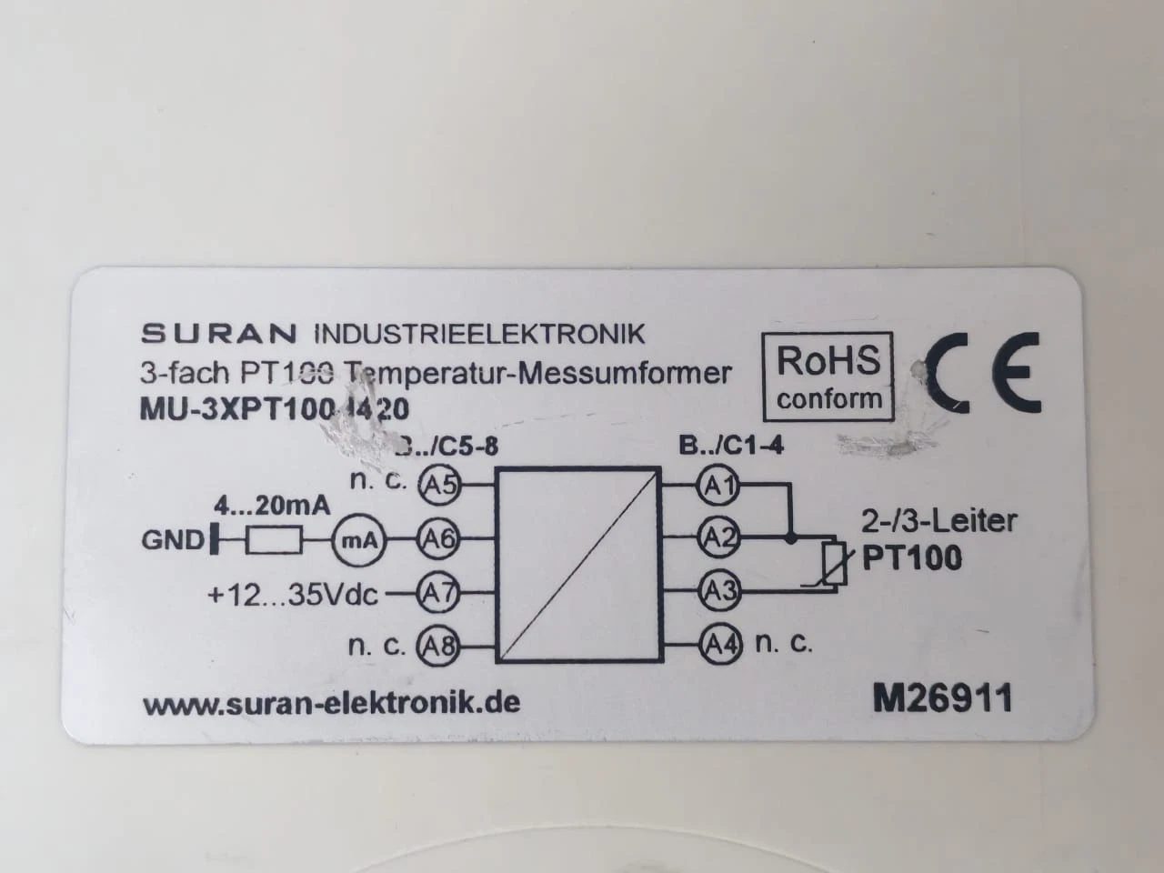 USED SURAN MU-3XPT100-I420 Temperature Transmitter - Image 3