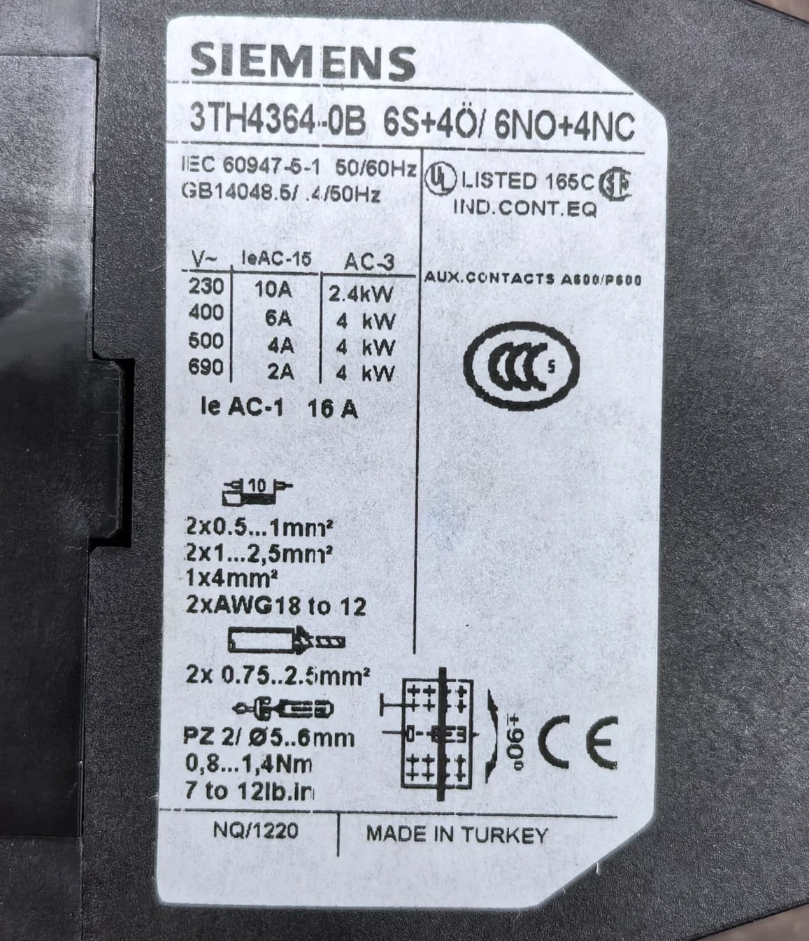 SIEMENS 3TH4364-0B AUXILIARY CONTACTOR RELAY 6S+4O/6NO+4NC / New – Open box - Image 2